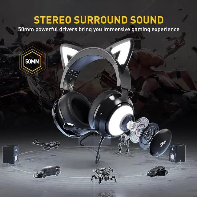 Alt view image 3 of 7 - SOMIC GS510 Gaming Headset, Cat Ear Headset PC Gaming Headphones with Retractable Mic Noise Cancelling, 7.1 Stereo Sound, DIY Face Covers for PC, PS4, PS5, Black