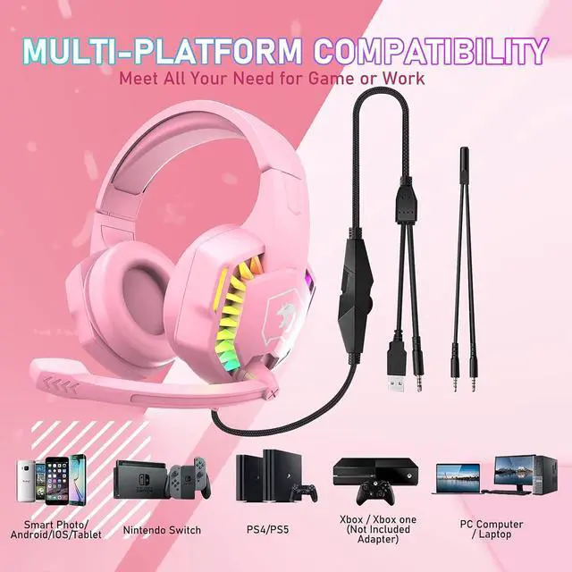 Alt view image 3 of 7 - Wired Gaming Headset with Rainbow RGB Backlight Retractable Noise Isolating Microphone Stereo Sound Deep Bass Memory Foam Earmuff Over Ear Headphone for PS4 Xbox One Switch PC Mac Gamer Music (Pink)