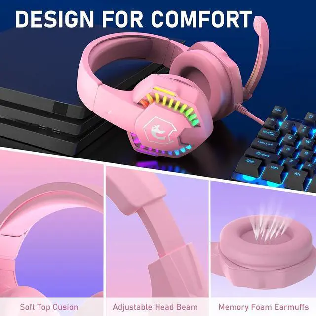 Alt view image 7 of 7 - Wired Gaming Headset with Rainbow RGB Backlight Retractable Noise Isolating Microphone Stereo Sound Deep Bass Memory Foam Earmuff Over Ear Headphone for PS4 Xbox One Switch PC Mac Gamer Music (Pink)