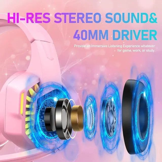 Alt view image 2 of 7 - Wired Gaming Headset with Rainbow RGB Backlight Retractable Noise Isolating Microphone Stereo Sound Deep Bass Memory Foam Earmuff Over Ear Headphone for PS4 Xbox One Switch PC Mac Gamer Music (Pink)