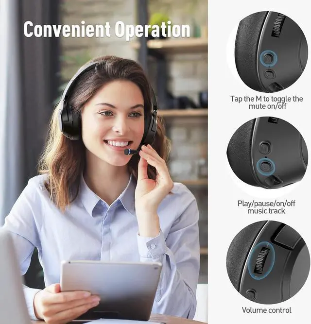 Alt view image 4 of 7 - COOSII H300 Wireless Headphones Bluetooth with Microphone, Over Ear Headsets with Environmental Noise Cancelling Retractable Mic, USB Dongle & Mute for Office Laptop Computer Chromebook Smartphone