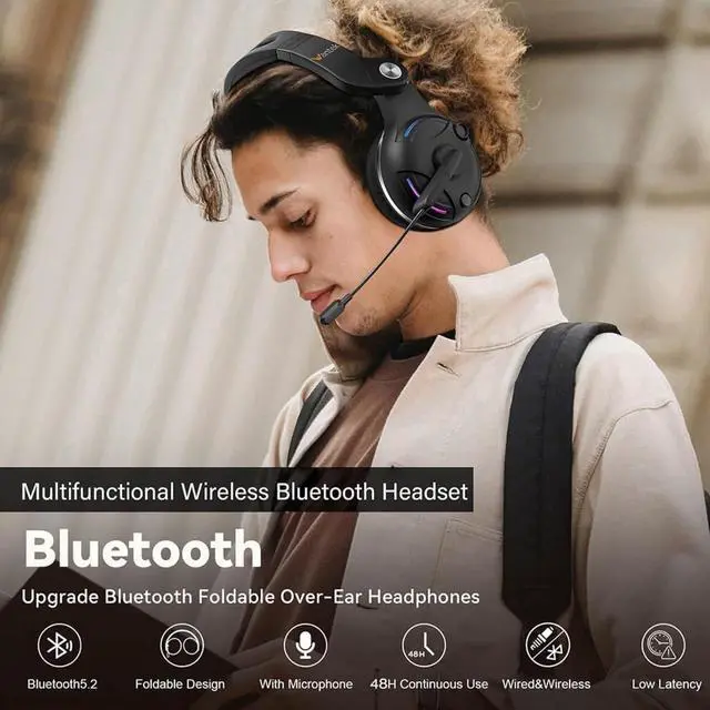Alt view image 2 of 7 - Wireless Headsets with Microphone, Wantek Bluetooth Headphones with Adjustable Noise-Canceling Microphone, 45+ Playtime, Wired or Wireless Mode, Stable Connect with Computer and Mobile (T2L)
