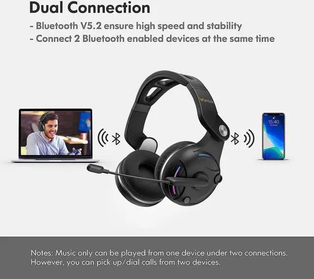 Alt view image 4 of 7 - Wireless Headsets with Microphone, Wantek Bluetooth Headphones with Adjustable Noise-Canceling Microphone, 45+ Playtime, Wired or Wireless Mode, Stable Connect with Computer and Mobile (T2L)