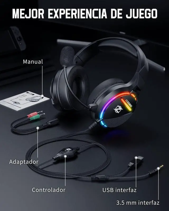 Alt view image 3 of 7 - Gaming headsets for PS5 with Noise Cancelling Microphone, Gaming Headphones with 3.5mm Jack with 50mm Drivers, RGB Light and 3D Surround bass, for PS4 PS5 Xbox PC Switch