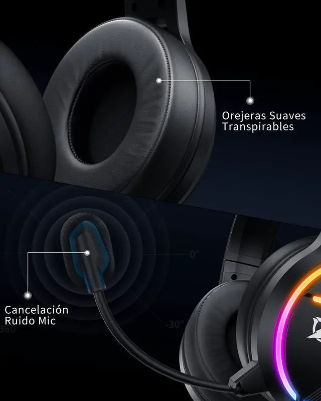 Alt view image 2 of 7 - Gaming headsets for PS5 with Noise Cancelling Microphone, Gaming Headphones with 3.5mm Jack with 50mm Drivers, RGB Light and 3D Surround bass, for PS4 PS5 Xbox PC Switch