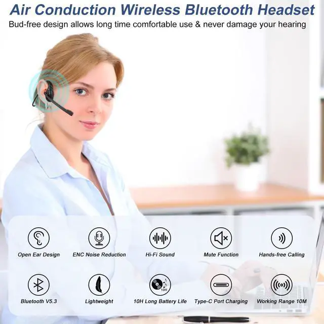 Alt view image 6 of 7 - Giveet Bluetooth Headset with Microphone, Open Ear Headphones Wireless Noise Cancelling for Phone Laptop PC Computer, 10 Hours Playtime, Lightweight & Comfortable for Office Driving Working Home