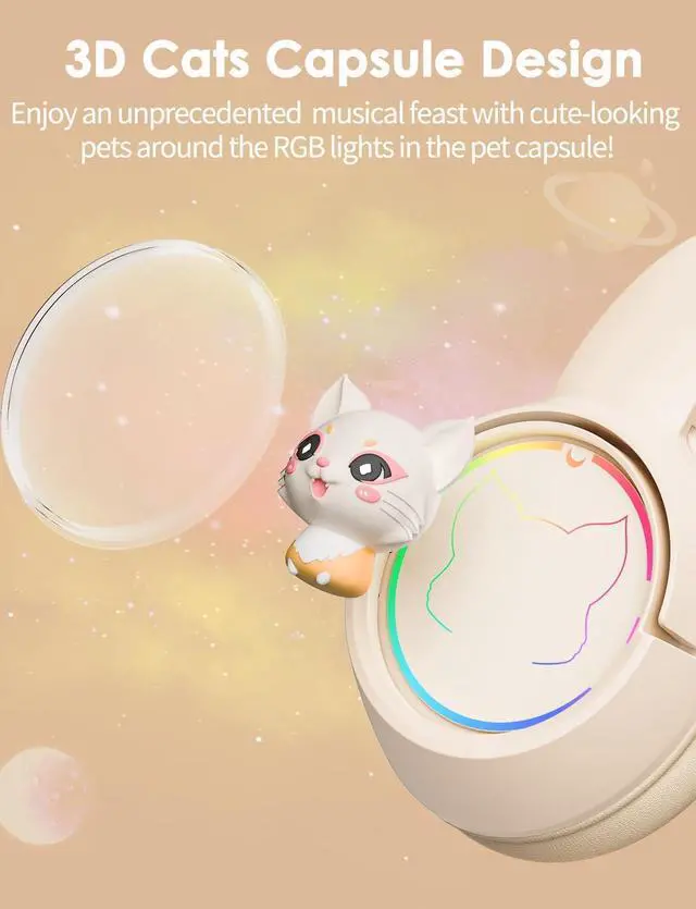 Alt view image 4 of 7 - Cat Ear Bluetooth Headphones, Wireless RGB Cute Kitty Headsets, HiFi Stereo and Noise Cancelling Over-Ear Headphones for Gaming/Traveling/Music, Compatible with PC/Laptop/Tablet/Phone/Pad