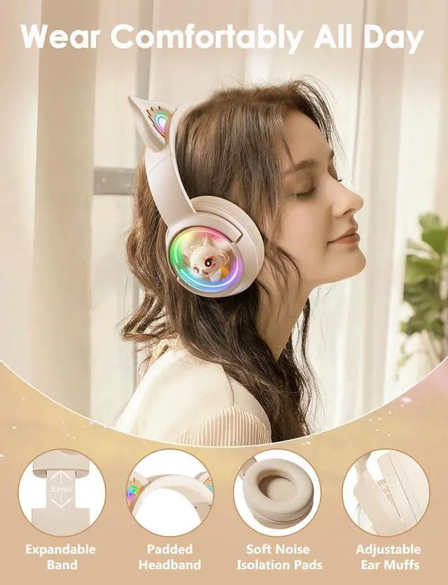 Alt view image 3 of 7 - Cat Ear Bluetooth Headphones, Wireless RGB Cute Kitty Headsets, HiFi Stereo and Noise Cancelling Over-Ear Headphones for Gaming/Traveling/Music, Compatible with PC/Laptop/Tablet/Phone/Pad
