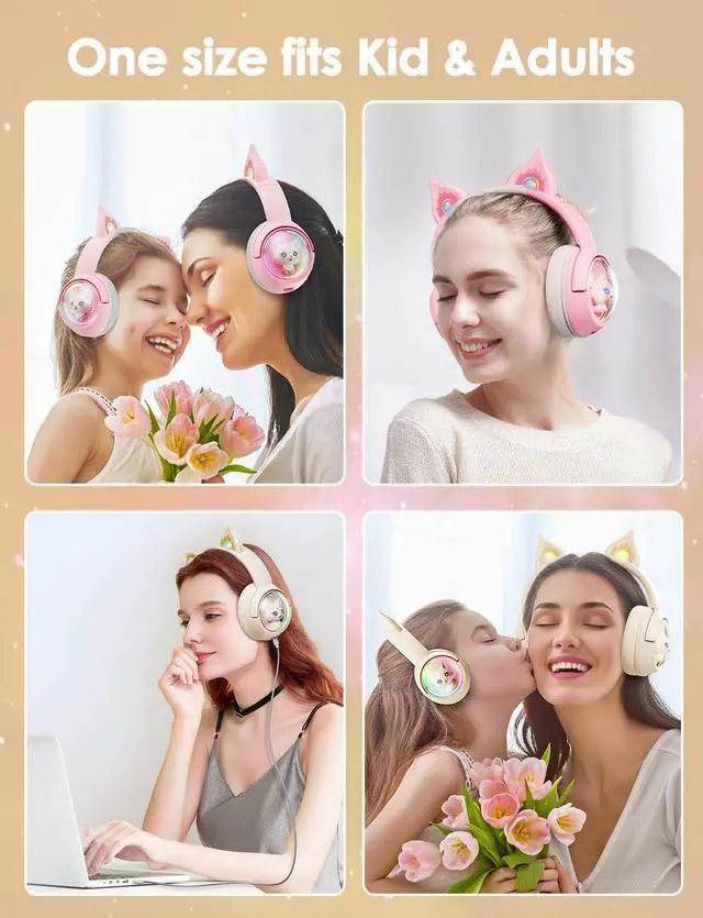 Alt view image 7 of 7 - Cat Ear Bluetooth Headphones, Wireless RGB Cute Kitty Headsets, HiFi Stereo and Noise Cancelling Over-Ear Headphones for Gaming/Traveling/Music, Compatible with PC/Laptop/Tablet/Phone/Pad