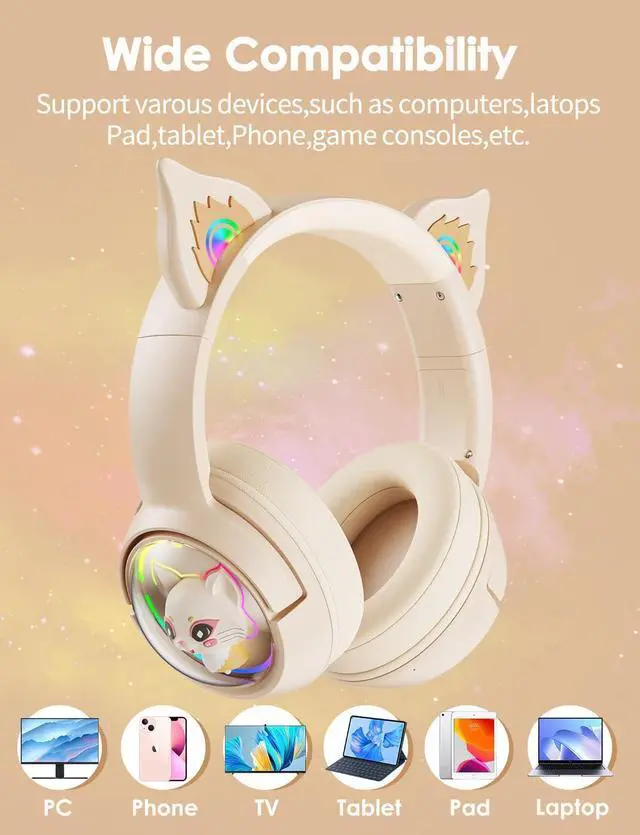 Alt view image 6 of 7 - Cat Ear Bluetooth Headphones, Wireless RGB Cute Kitty Headsets, HiFi Stereo and Noise Cancelling Over-Ear Headphones for Gaming/Traveling/Music, Compatible with PC/Laptop/Tablet/Phone/Pad