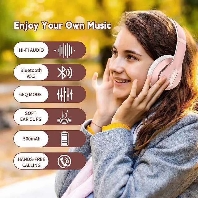 Alt view image 3 of 7 - Wireless Bluetooth Headphones Over Ear Glynzak 65H Playtime HiFi Stereo Headset with Microphone and 6EQ Modes Foldable Bluetooth V5.3 Headphones for Travel Smartphone Computer Laptop Rose Gold