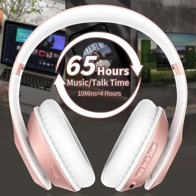 Alt view image 2 of 7 - Wireless Bluetooth Headphones Over Ear Glynzak 65H Playtime HiFi Stereo Headset with Microphone and 6EQ Modes Foldable Bluetooth V5.3 Headphones for Travel Smartphone Computer Laptop Rose Gold