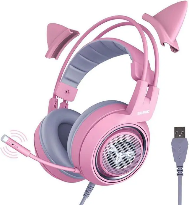 Main image of SOMIC G951pink Gaming Headset for PC, PS4, Laptop: 7.1 Virtual Surround Sound Detachable Cat Ear Headphones LED, USB, Lightweight Self-Adjusting Over Ear Headphones for Girlfriend Women