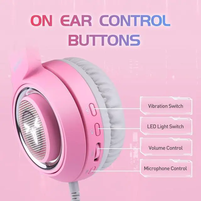 Alt view image 3 of 7 - SOMIC G951pink Gaming Headset for PC, PS4, Laptop: 7.1 Virtual Surround Sound Detachable Cat Ear Headphones LED, USB, Lightweight Self-Adjusting Over Ear Headphones for Girlfriend Women