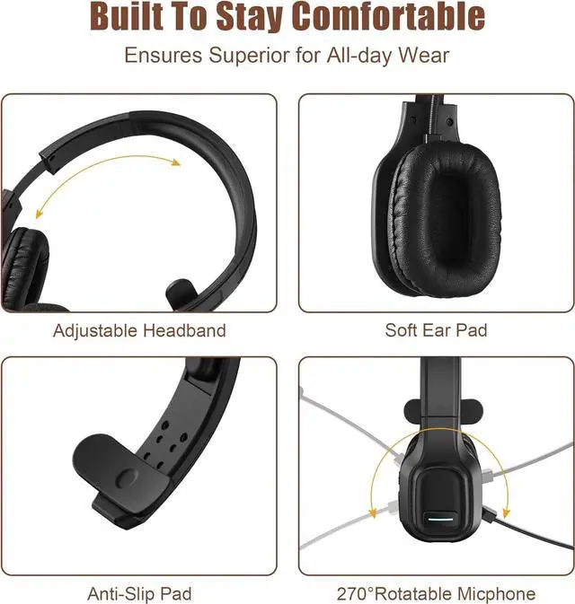 Alt view image 5 of 7 - COMEXION Trucker Bluetooth Headset V5.0, Wireless Headset with Noise Canceling&Mute Microphone for Cell Phones, On Ear Bluetooth Headphone for Computer, Zoom Meetings, Skype, Home Office