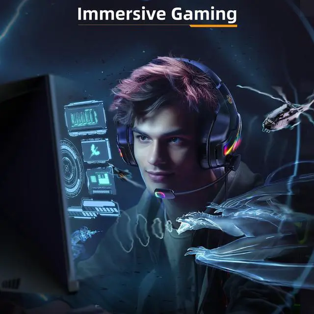 Alt view image 5 of 7 - Tatybo Gaming Headset for PS5, PS4, PC, Stereo Surround Sound Gaming Headphones with Noise Cancelling Microphone, Over-Ear Gamer Headset with 4 Mode RGB Light for Laptop Mac Switch XboxOne (Black)