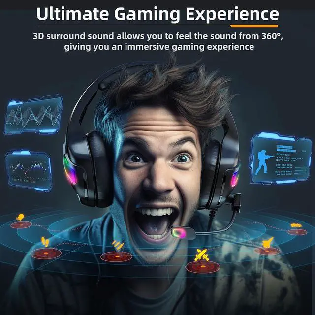 Alt view image 7 of 7 - Tatybo Gaming Headset for PS5, PS4, PC, Stereo Surround Sound Gaming Headphones with Noise Cancelling Microphone, Over-Ear Gamer Headset with 4 Mode RGB Light for Laptop Mac Switch XboxOne (Black)