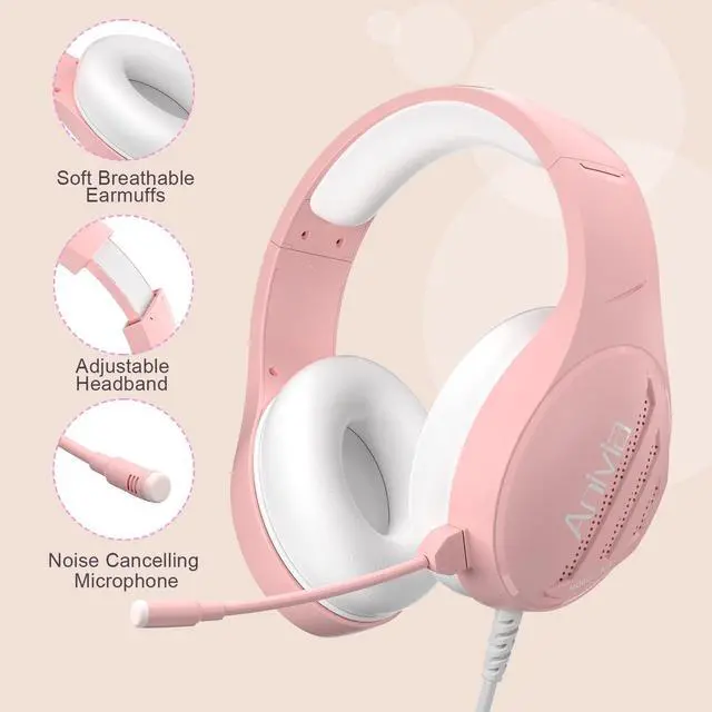 Alt view image 6 of 7 - Anivia Computer Headsets Over Ear Stereo Surround Sound Wired Headphones Wired Gaming Headset with Mic for PC MAC PS4 PS5 Xbox One, Pink