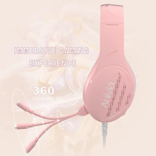 Alt view image 3 of 7 - Anivia Computer Headsets Over Ear Stereo Surround Sound Wired Headphones Wired Gaming Headset with Mic for PC MAC PS4 PS5 Xbox One, Pink