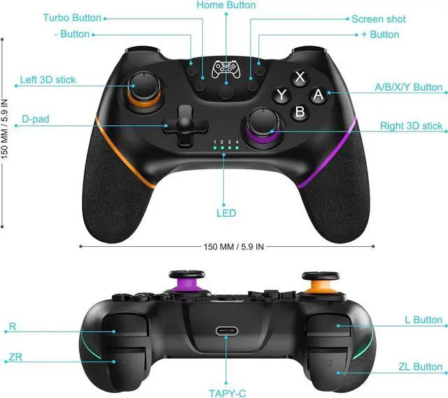 Alt view image 3 of 7 - Wireless Pro Controller Compatible for Nintendo Switch Sefitopher Bluetooth Gamepad Joypad,Controller Supports Gyro Axis Turbo and Dual Vibration (Orange & Purple)