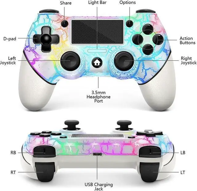 Alt view image 2 of 6 - AceGamer Wireless Controller for PS4, White Crack Custom Design with RGB Light,1000mAh Battery and 3.5mm Audio Jack, V2 Gamepad Joystick Compatible with PS4/Slim/Pro and Windows PC! (White-Light Up)
