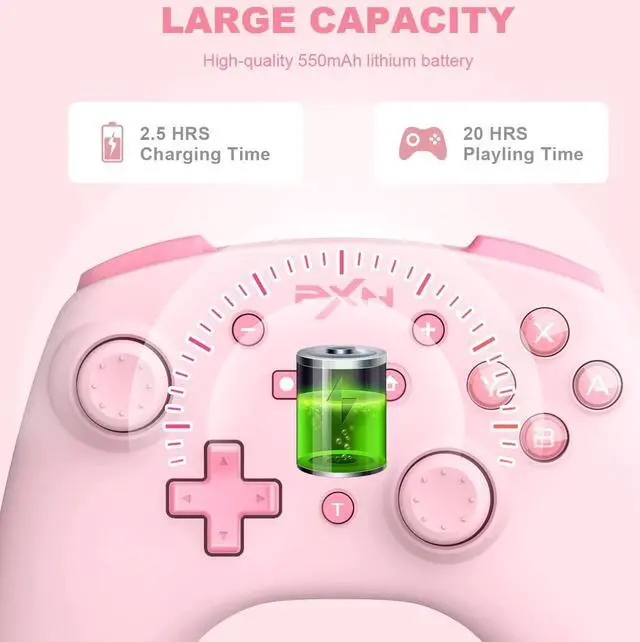 Alt view image 5 of 7 - PXN 9607X Wireless Switch Pro Controller, USB Rechargeable Dual Shock Gamepad Joystick Support NFC for Switch/Lite/OLED & PC & IOS (Pink)
