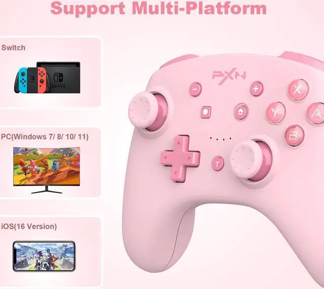 Alt view image 2 of 7 - PXN 9607X Wireless Switch Pro Controller, USB Rechargeable Dual Shock Gamepad Joystick Support NFC for Switch/Lite/OLED & PC & IOS (Pink)