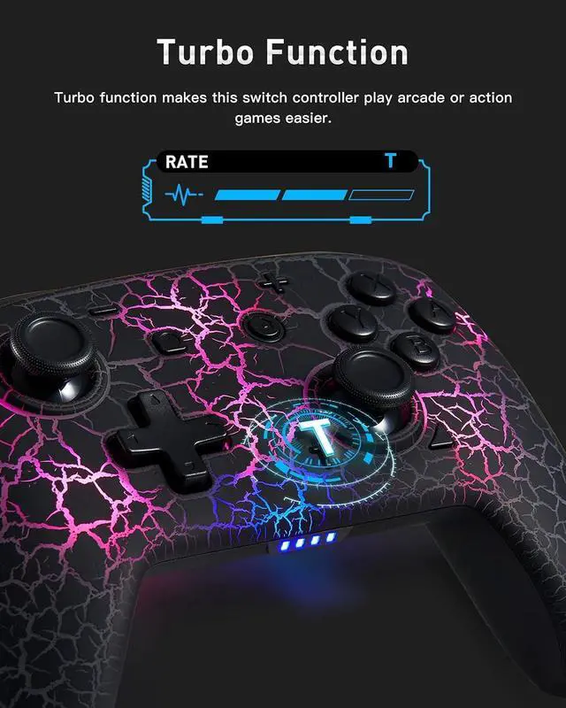 Alt view image 5 of 6 - binbok Switch Controller, Wireless Pro Controller Support 8 Color Adjustable LED, Remote Joystick Gamepad with Unique Crack Dual Vibration/Gyroscope Axis, Console Accessories for Switch,Black