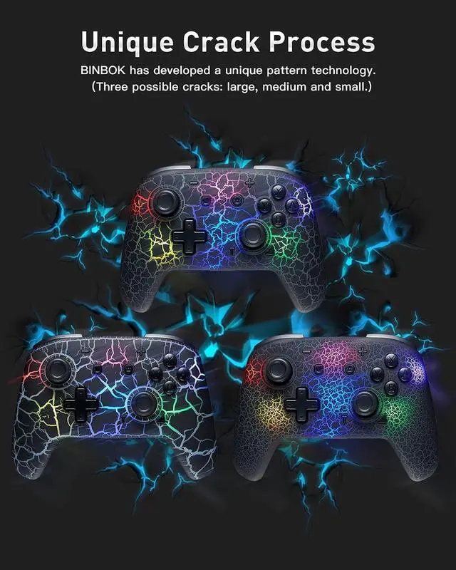 Alt view image 3 of 6 - binbok Switch Controller, Wireless Pro Controller Support 8 Color Adjustable LED, Remote Joystick Gamepad with Unique Crack Dual Vibration/Gyroscope Axis, Console Accessories for Switch,Black