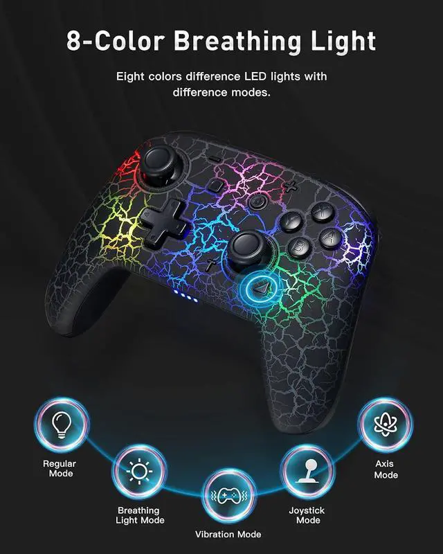 Alt view image 2 of 6 - binbok Switch Controller, Wireless Pro Controller Support 8 Color Adjustable LED, Remote Joystick Gamepad with Unique Crack Dual Vibration/Gyroscope Axis, Console Accessories for Switch,Black