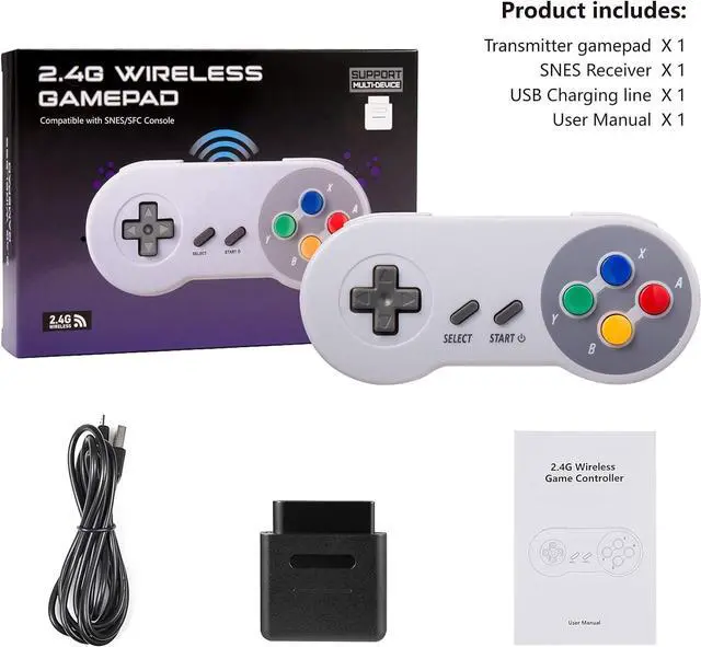 Alt view image 7 of 7 - 2 Pack 2.4GHz Wireless Controller for Original SNES Console, kiwitatá Remote Wireless Gamepad Controller for SNES Super Entertainment System-7 Pin Connector