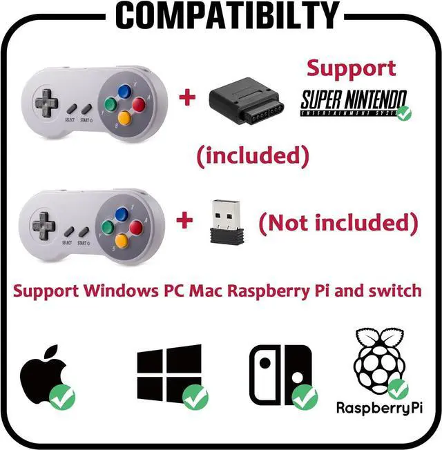 Alt view image 5 of 7 - 2 Pack 2.4GHz Wireless Controller for Original SNES Console, kiwitatá Remote Wireless Gamepad Controller for SNES Super Entertainment System-7 Pin Connector