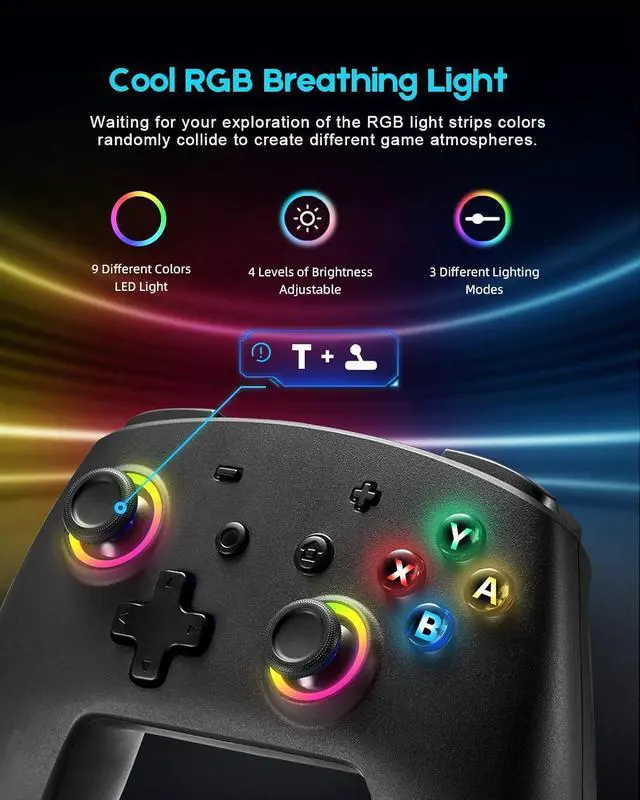 Alt view image 2 of 7 - YKOEX Switch Controller, 9 LED Colors, Switch Pro Controller Compatible with Switch/Switch OLED/Switch Lite, Wireless Gamepad with Back Buttons/Programmable/Motion Control/Dual Vibration/Turbo/Black