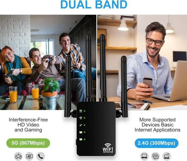 Alt view image 5 of 7 - 1200Mbps WiFi Extender Internet Booster, Dual Band WiFi Repeater 2.4GHz 300Mbps&5GHz 867Mbps, Mini WiFi Range Extender with Fast Ethernet Ports,Compatible with All Routers