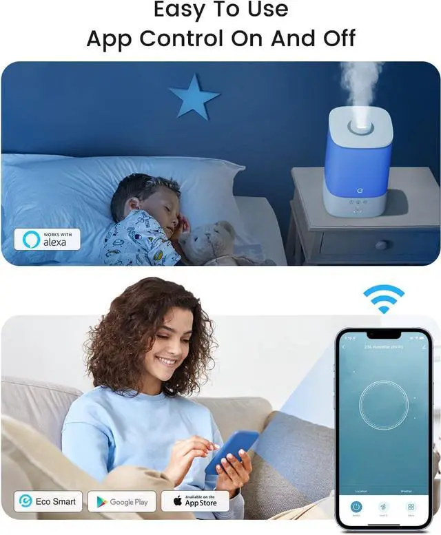 Alt view image 5 of 7 - Humidifiers for Bedroom Large Room, Esemoil Smart Cool Mist Humidifiers, 3.5L Top Fill & 28dB Quiet, 40H Plant Air Ultrasonic Diffuser with 8 Color Light, Voice Control, Compatible with Alexa