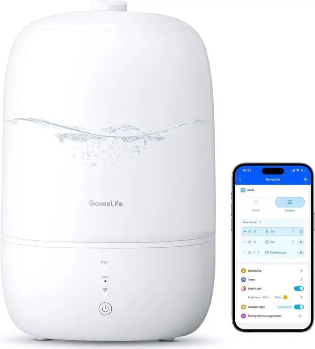 Main image of GoveeLife Smart 3L Humidifiers for Bedroom, Top Fill Cool Mist with Essential Oil Diffuser, Humidity Control, WiFi Air Humidifier with Night Light, 360° Nozzle, for Baby, Plants, Home, Work with Alexa