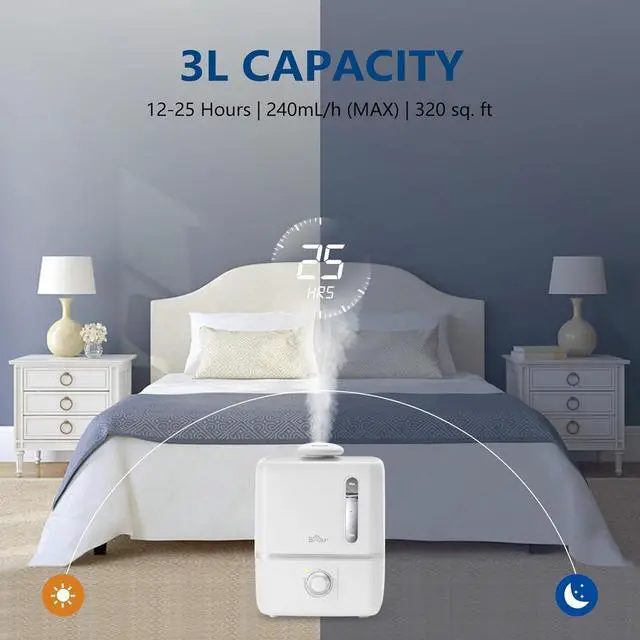 Alt view image 4 of 7 - Humidifiers for Bedroom, 3L Quiet Cool Mist Humidifier with 360° Nozzle, Essential Oil Diffuser, Rapid Ultrasonic Humidifier for Baby Nursery and Plant, Auto Shut-Off, 25H Work Time, White