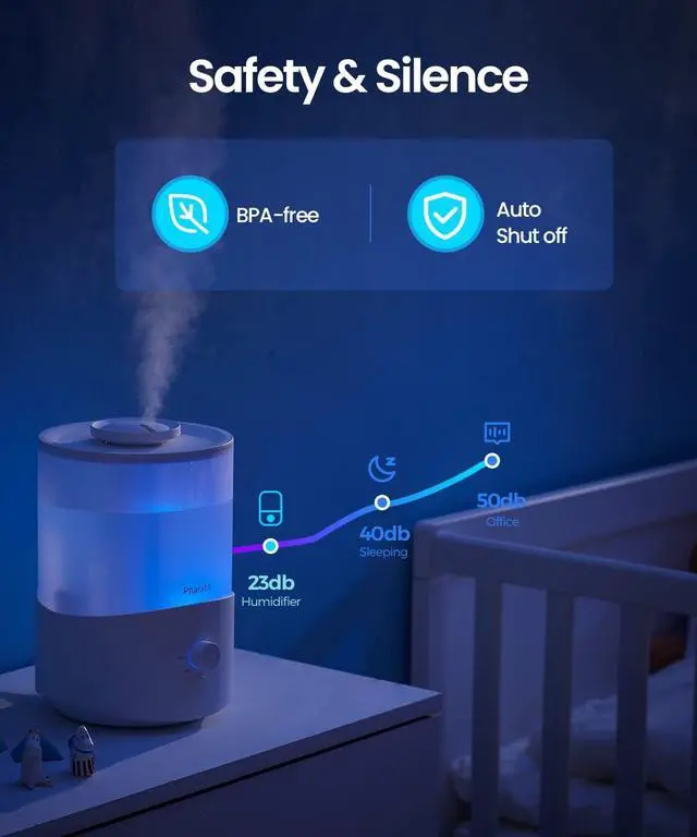 Alt view image 4 of 7 - Pharata® Humidifiers for Bedroom Large Room, 2.5L Cool Mist Humidifier with Essential Oil Diffuser, Top Fill Humidifier for Baby, Home, Plant, Ultrasonic Humidification for whole house, Auto Shut-Off,