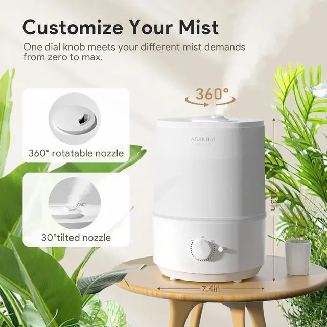 Alt view image 5 of 7 - ASAKUKI Humidifiers for Bedroom Home, 3L Top Fill Cool Mist Small Air Humidifier for Baby Nursery Plants Large Room, Essential Oil Diffuser, Night Light, Quiet, Auto Shut-Off, 360 Nozzle, 30H Runtime