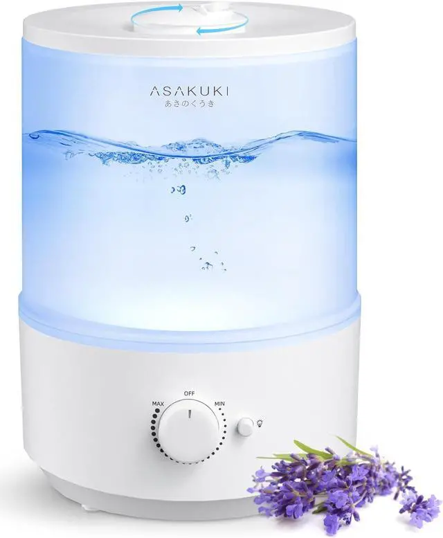 Main image of ASAKUKI Humidifiers for Bedroom Home, 3L Top Fill Cool Mist Small Air Humidifier for Baby Nursery Plants Large Room, Essential Oil Diffuser, Night Light, Quiet, Auto Shut-Off, 360 Nozzle, 30H Runtime