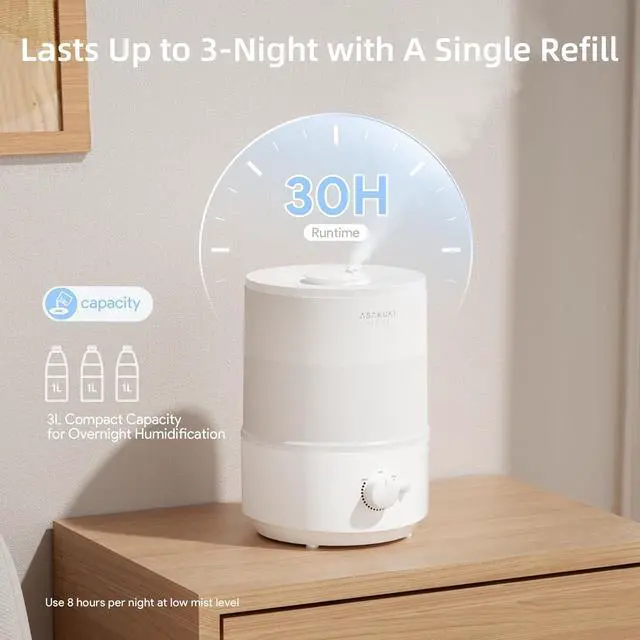Alt view image 2 of 7 - ASAKUKI Humidifiers for Bedroom Home, 3L Top Fill Cool Mist Small Air Humidifier for Baby Nursery Plants Large Room, Essential Oil Diffuser, Night Light, Quiet, Auto Shut-Off, 360 Nozzle, 30H Runtime
