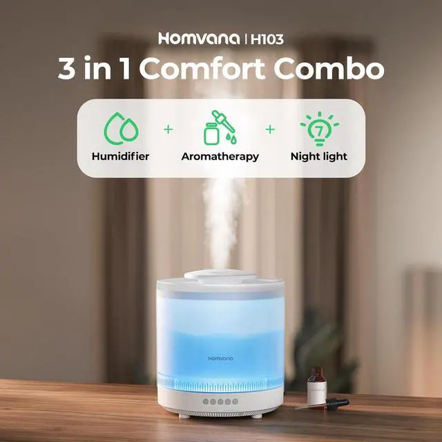 Alt view image 2 of 7 - Homvana Humidifiers for Bedroom 1.8 L Top-Fill Cool Mist Humidifier for Baby Nursery Plants Kids Home, 3-in-1 Diffuser with Night Light, Auto Mode, Esserntial Oil, BPA Free, 30H Working Time
