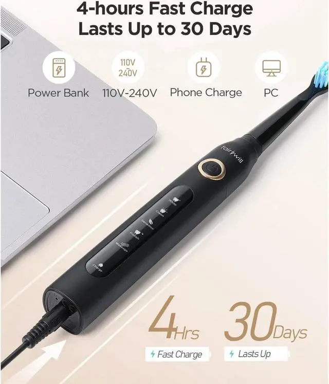 Alt view image 4 of 6 - Fairywill D7 Electric Toothbrush with 4 Brush Heads in Black New