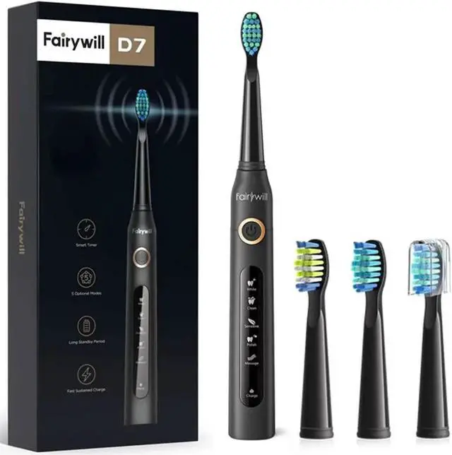 Main image of Fairywill D7 Electric Toothbrush with 4 Brush Heads in Black New