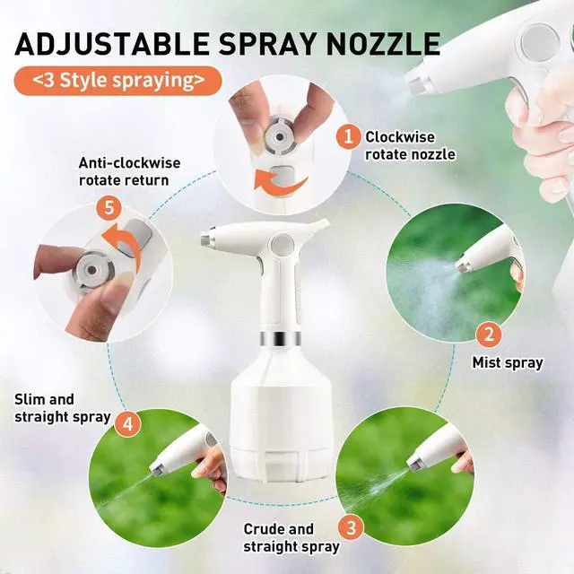 Alt view image 3 of 7 - Watering Can Hand-held Watering Sprayer, Li-Battery and Rechargeable 33 oz Mister Water Spray Bottle with Adjustable Nozzle Ergonomic Grip for Indoor Gardening, Cooling and Cleaning (White)