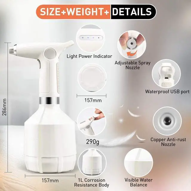 Alt view image 7 of 7 - Watering Can Hand-held Watering Sprayer, Li-Battery and Rechargeable 33 oz Mister Water Spray Bottle with Adjustable Nozzle Ergonomic Grip for Indoor Gardening, Cooling and Cleaning (White)