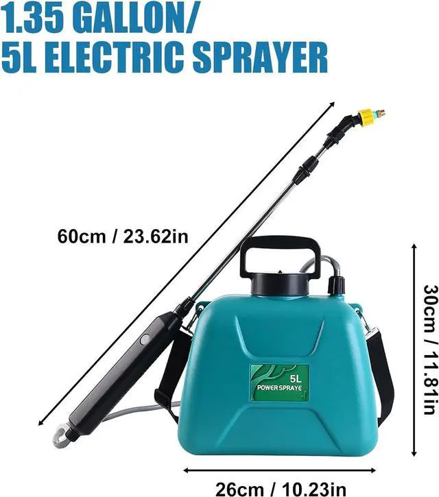 Alt view image 7 of 7 - 1.35 Gallon/5L Battery Powered Sprayer, Electric Garden Plant Sprayer with 3 Mist Nozzles, Rechargeable Handle and Adjustable Shoulder Strap, Portable Automatic Electric Sprayers for Yard Lawn