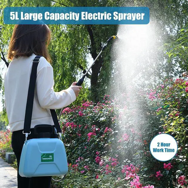 Alt view image 2 of 7 - 1.35 Gallon/5L Battery Powered Sprayer, Electric Garden Plant Sprayer with 3 Mist Nozzles, Rechargeable Handle and Adjustable Shoulder Strap, Portable Automatic Electric Sprayers for Yard Lawn
