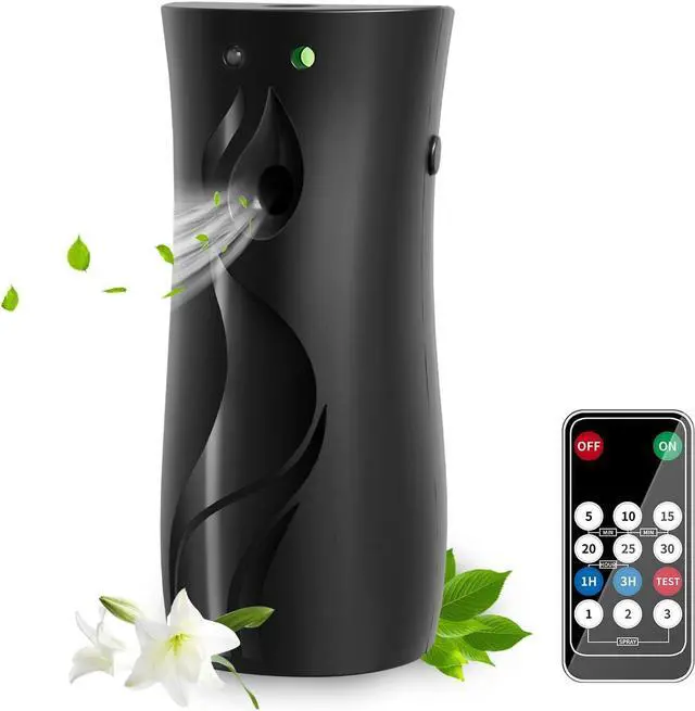 Main image of HOUSEHOLD WORLD Automatic Air Freshener Spray Dispenser, Wall/Standing Battery Powered Aerosol Spray Dispenser with Remote Control for Bathroom, Hotel, Office, Commercial (Black)