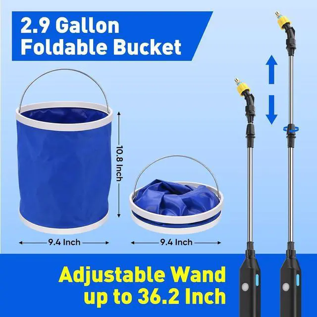 Alt view image 4 of 7 - BlumWay Battery Powered Sprayer 2.9 Gallon, Powerful Electric Sprayer with 2 Mist Nozzles, Rechargeable Handle, Retractable Wand, Foldable Bucket,Garden Sprayer with 196.8Inch Watering Tube for Lawn